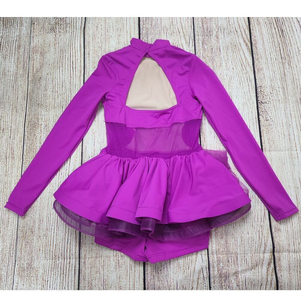 Balera Leotard LC Large/Child Pink Purple Shorts w/ Bustle High Neck Long Sleeve - Picture 5 of 11